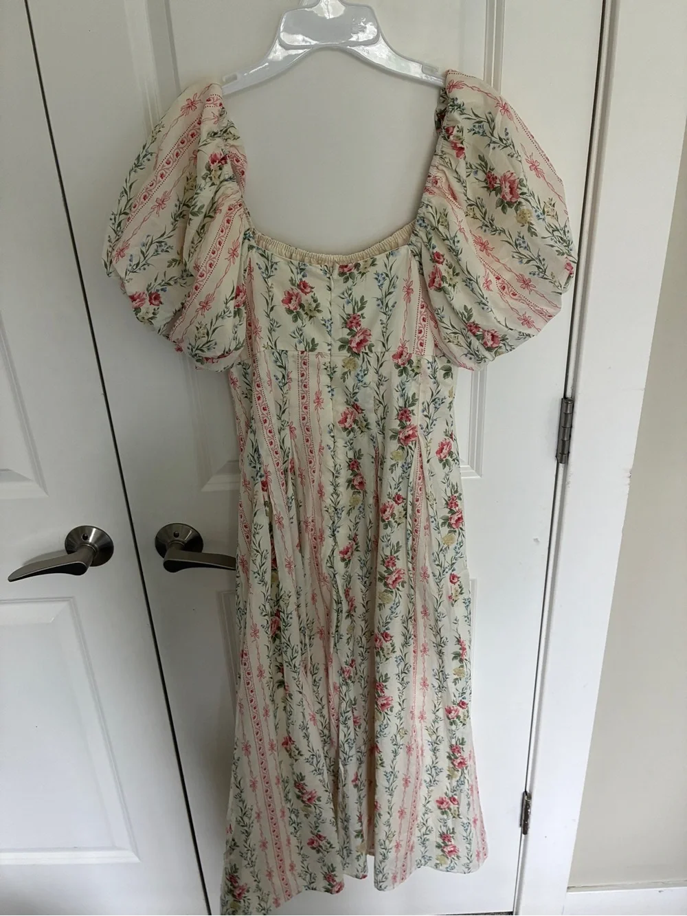 NWT 100% cotton Storia Cream and Pink Floral Puff-Sleeve Midi Dress - Picture 11 of 11